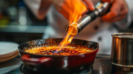 A chef torches a dessert with a blowtorch.