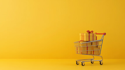 A shopping cart filled with beautifully wrapped gifts on a vibrant yellow background, perfect for holiday and festive themes.