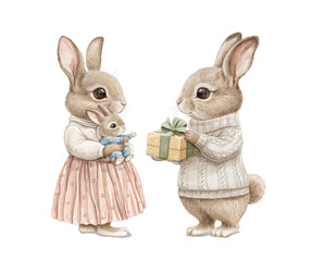 Watercolor vintage Christmas composition card with mom, dad and child family of rabbits animals in clothes isolated on white background. Hand drawn illustration sketch