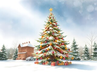 Snowy pine tree with snowflakes and star decoration in winter landscape for Christmas celebration