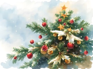A festive pine tree adorned with sparkling ornaments and colorful balls, creating a magical holiday atmosphere