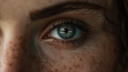 Close-up shot of freckled face with focused blue eye and detailed eyelashes