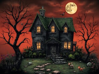 Ancient haunted castle shrouded in darkness,  the spooky forest under the watchful eye of the moon
