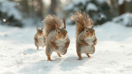 Squirrels play with their friends on the white snow.