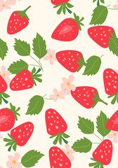 Abstract vertical strawberry poster, vector flat illustration. Summer or autumn bright pattern with berry, harvest cover design. Can used for labels, market ad, posters, covers for print.