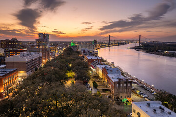 Famous River Street in historical Savannah, Georgia. Urban landscape of old historic city. USA cityscape at sunset