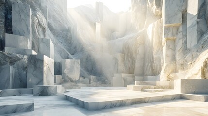 A bright marble quarry scene shows massive stone blocks and geometric shapes under sunlight, offering a panoramic view with detailed textures and natural patterns in rock.
