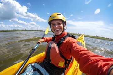 Joyful kayaking adventure on a sunny day in the open waters