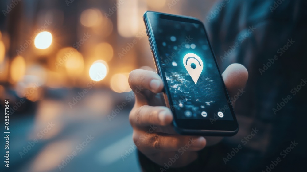 Poster a man holds a smartphone featuring a location pin on its screen, capturing the essence of navigation