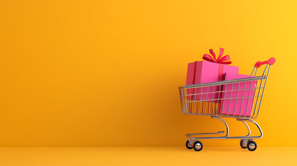 A shopping cart filled with vibrant pink gifts against a bright yellow background, symbolizing celebration and festive shopping.