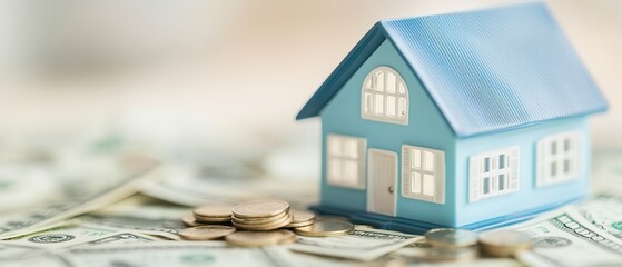 A blue house with a pile of money and coins on top of it