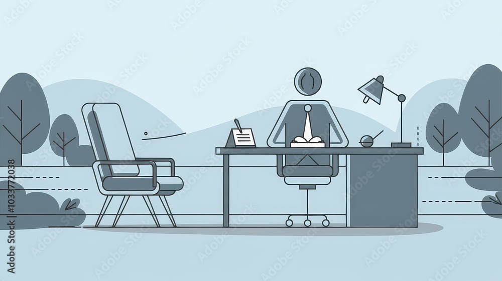 Aufkleber minimalist and modern office workspace with desk chair and various business technology elements like