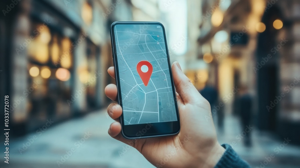 Aufkleber A person is checking their mobile device that shows a location pin, indicating a specific spot in a lively urban environment. Generative AI