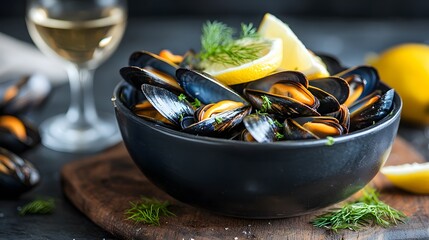 Cooked mussels in a black ceramic bowl are garnished with dill and lemon wedges, showcased on a rustic wooden surface with dramatic lighting for an atmospheric food presentation.