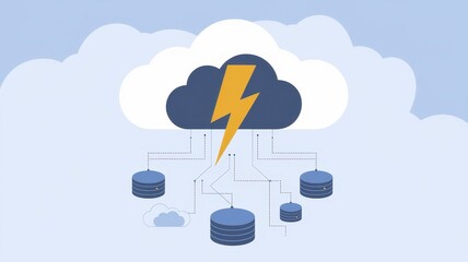 Cloud Computing Server Data Hosting Network Infrastructure with Powerful Lightning Bolt Under Stormy Cloudy Sky Representing Technology Energy Disaster and Emergency Situations