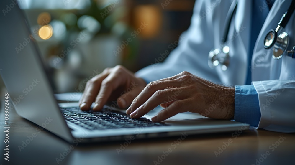 Poster a doctor is focused on a laptop, typing intently while surrounded by a warm and inviting medical off