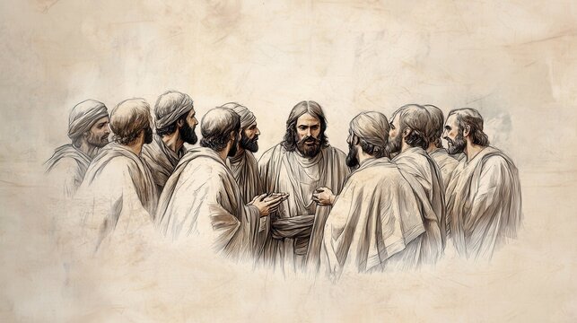 Biblical Scene of Jesus Surrounded by Pharisees and Teachers of the Law Who Question Him About His Disciples Eating with Unwashed Hands and the Teachings on Cleanliness and Purity