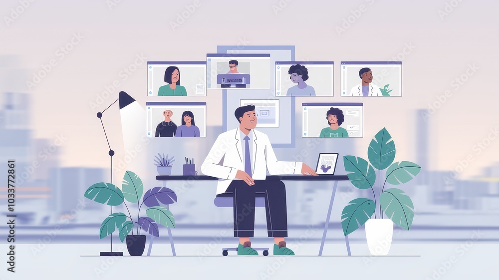 Poster virtual business meeting with professionals collaborating remotely using video conference and digita