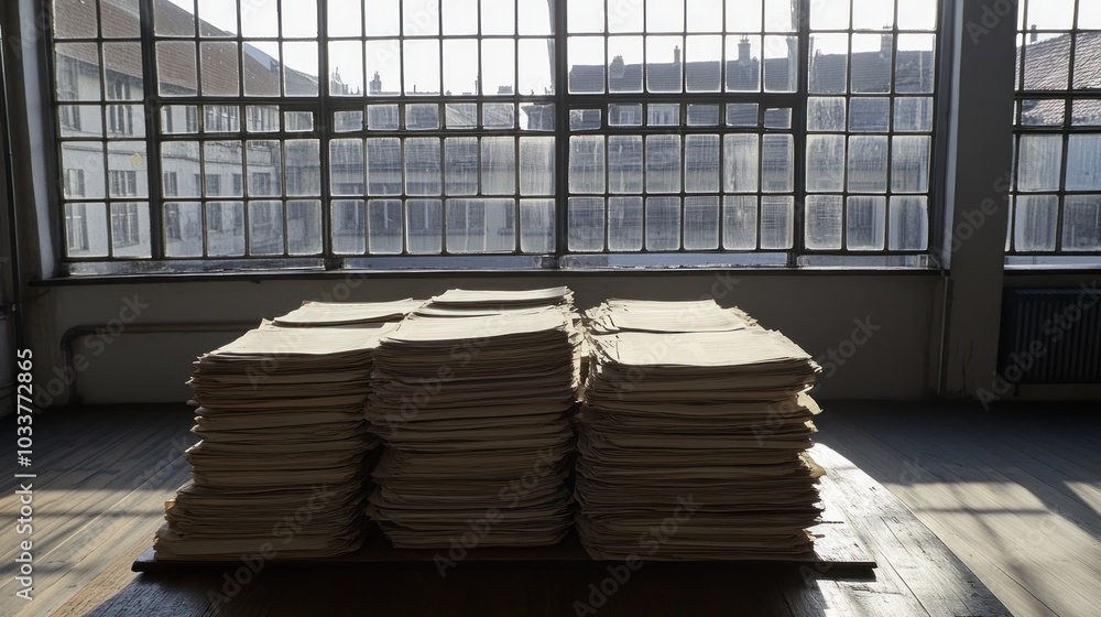 Poster a stack of papers in a room with a large window