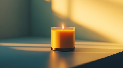 A candle is lit and sitting on a table