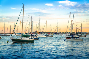 Chicago sailing harbor on Michigan lake sunset view