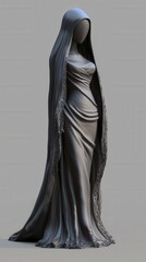 Naklejka premium Elegant cloaked figure artfully draped in flowing fabric against a minimalist background