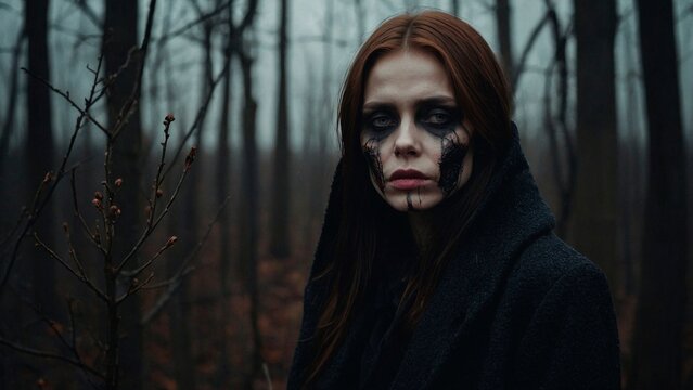 Portrait of a young brunette with a white pale face and scary black face paint, standing in a dark and eerie foggy haunted autumn forest. Horror thriller Halloween illustration.