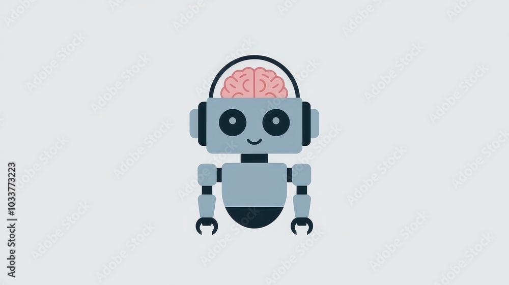 Poster curious cyborg robot with brain in headphones representing intelligence and advanced technological i