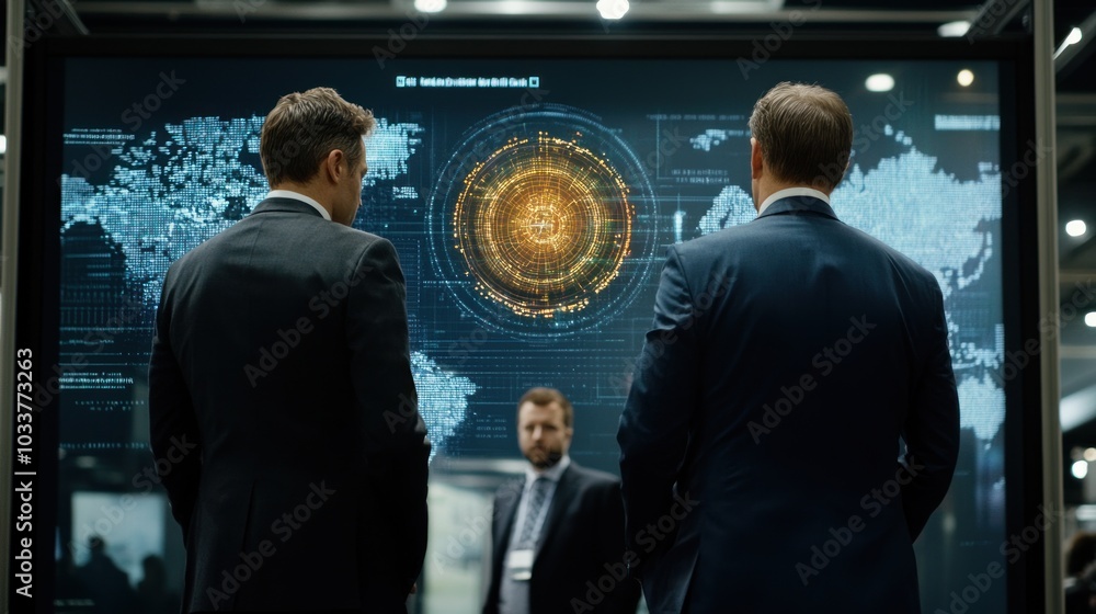 Aufkleber two businessmen observing a futuristic digital display with global data visualizations