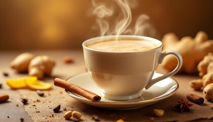 Steaming Cup of Masala Tea with Spices and Herbs (Sri Lankan Cuisine)