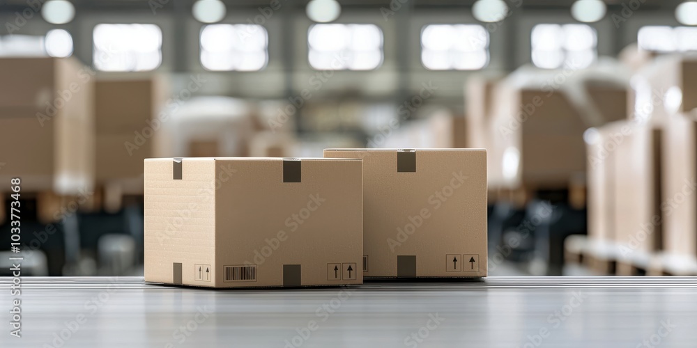 Poster two cardboard boxes are placed on a table in a spacious warehouse filled with stacks of similar boxe