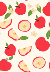 Abstract vertical apple poster, vector flat illustration. Summer or autumn bright pattern with fruit, harvest cover design. Can used for labels, market ad, posters, covers for print.
