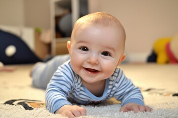 A joyful baby exploring a cozy home environment during playtime on a soft rug