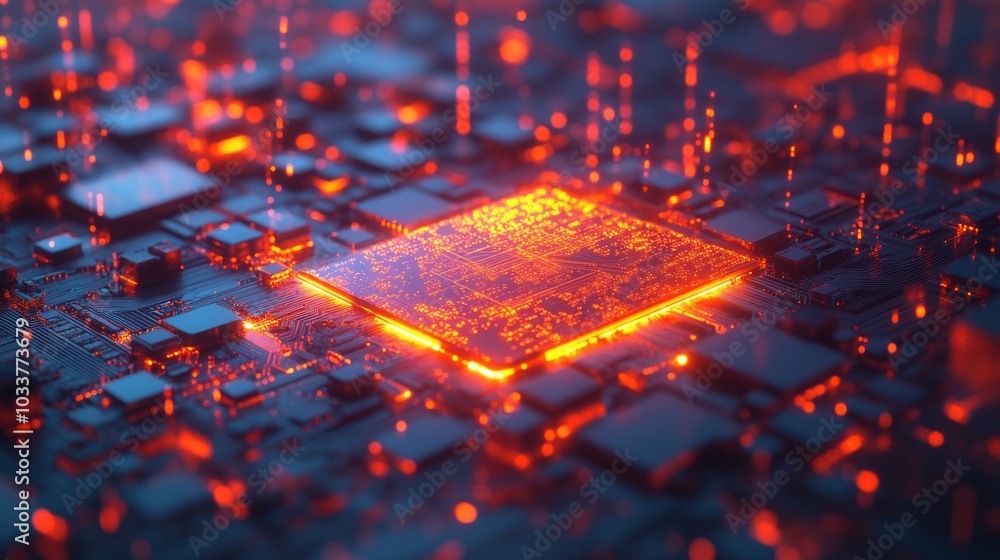 Poster Glowing Microchip on a Circuit Board with Red Lights