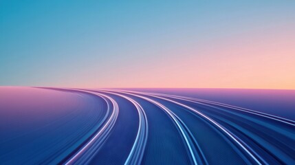 A minimalist train icon travels smoothly along elegant tracks, highlighted by a calming pastel sky during twilight hours. Generative AI