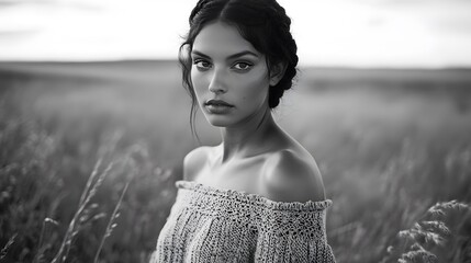  Black-and-white photograph of an exotic model in the middle of a field. She is wearing an off-the-shoulder knitted dress and has dark hair with braids