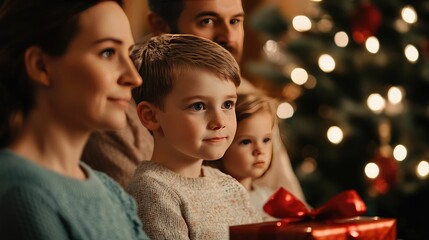 Warm festive scene of a family gathered around a Christmas tree exchanging gifts and sharing stories creating cherished memories together during the holiday season