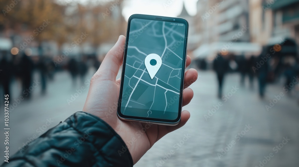 Poster a male hand holds a smartphone showing a map with a location pin while people walk by in a lively ur