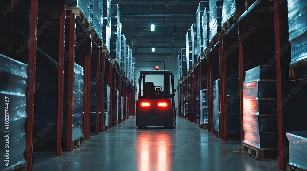 Poster autonomous forklifts seamlessly navigating a high tech warehouse optimizing logistics and distributi