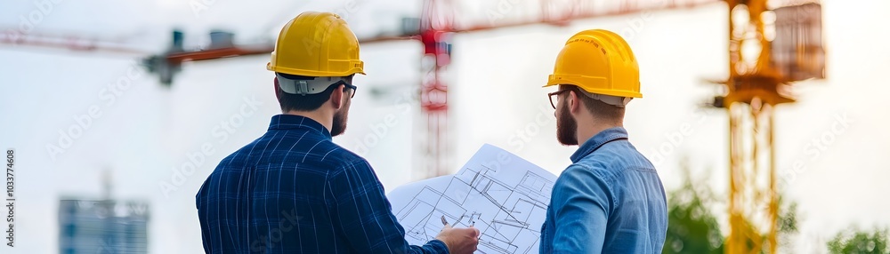 Poster construction engineers collaborating on site blueprints with cranes in the background