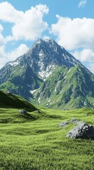 Majestic mountain peaks rise above lush green valleys bathed in soft sunlight