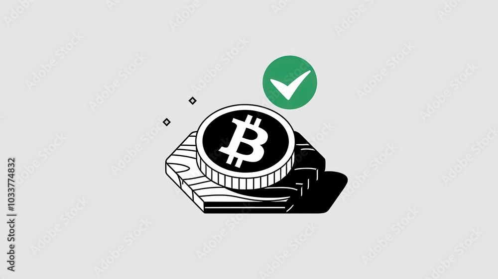 Poster bitcoin cryptocurrency coin with checkmark icon in hand concept of secure digital currency and inves