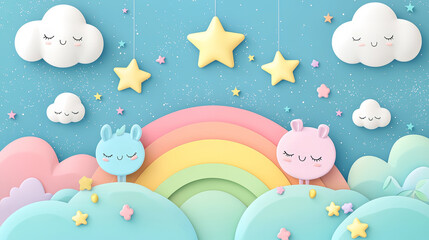 Cute kawaii cartoon background with pastel colors featuring adorable animals, clouds, and stars. This whimsical scene evokes sense of joy and playfulness