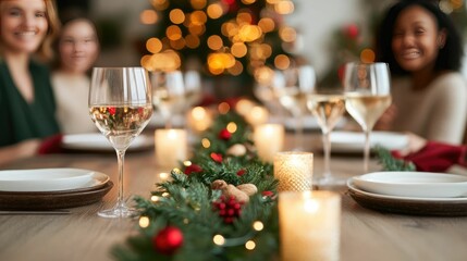 Obraz premium Festive family dining around a holiday table sharing a special seasonal meal together with warm lighting festive decor and a deep depth of field creating a cozy joyful ambiance