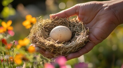 hand gently cradles a single brown egg