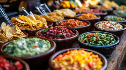 Fototapeta premium A variety of colorful dips and sauces are displayed in bowls. This image can be used to illustrate a food blog post about Mexican cuisine or a restaurant menu.