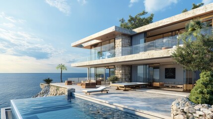 Fototapeta premium A contemporary two-story villa by the sea, featuring a large terrace and an empty pool space in the foreground. The villa is constructed with stone and glass