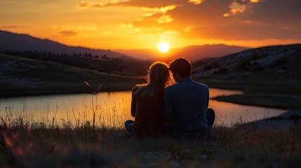Couple watches the sunset together. This image is ideal for websites and social media posts about