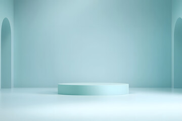 Abstract pastel teal color and gradient cyan light background with mint green table backdrops display product design. Turquoise empty space room for showing. Blur 3D render podium stage vector texture