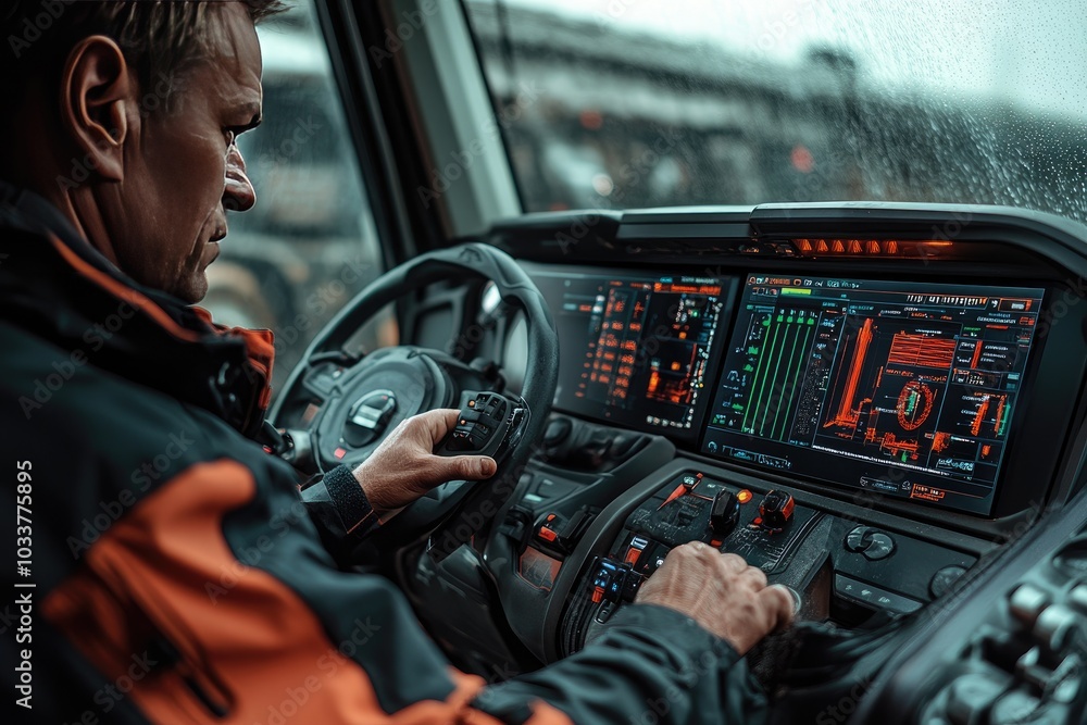 Poster driver controls a vehicle with a steering wheel and dashboard. this image represents the driver's pe
